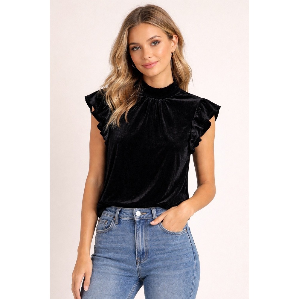 Olive +‎ Oak Women's Black Velvety Top Size Small Ruffle Sleeve Capsule Romantic